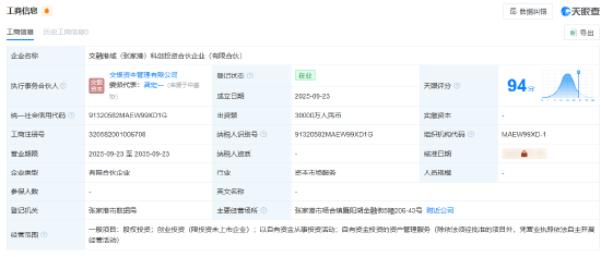 天胜资产 交银投资等在张家港成立科创投资合伙企业 出资额3亿
